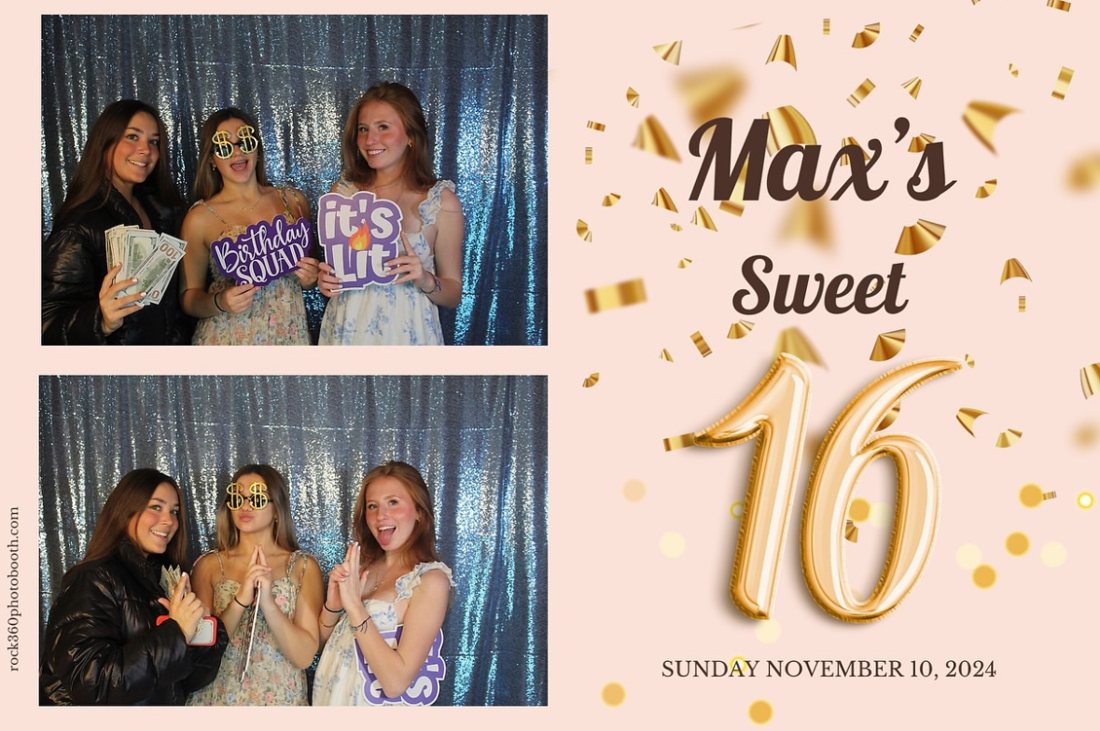 Guests at a Sweet 16 posing with props in front of a sequin backdrop