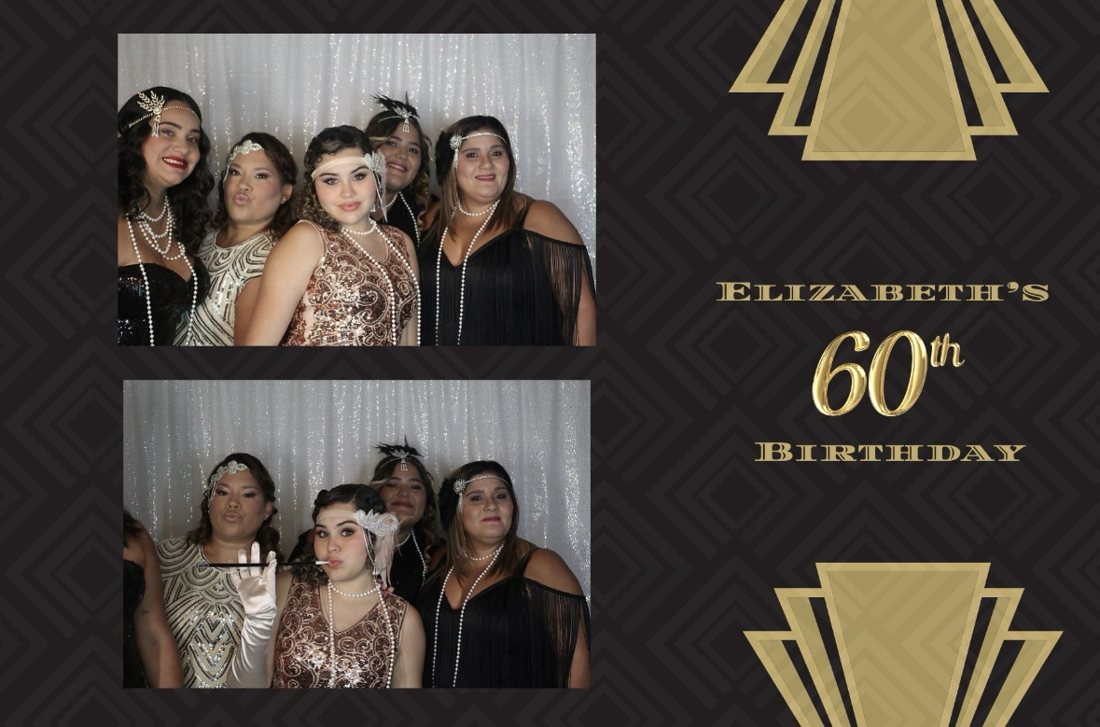 Guests in Great Gatsby attire at a milestone birthday photo booth