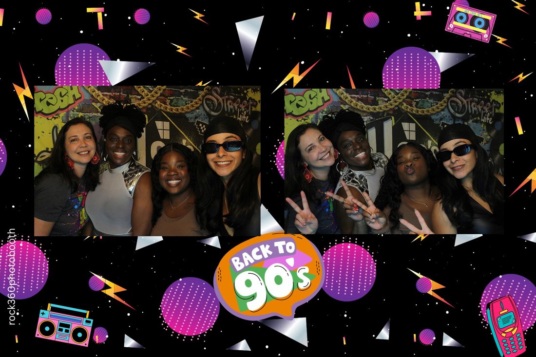 Guests posing at a Back to the 90s themed party photo booth